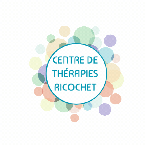 Logo du centre Ricochet comprenant un grand cercle bleu avec des bulles de couleur autour et le texte à l'intérieur du cercle: Centre de thérapies Ricochet